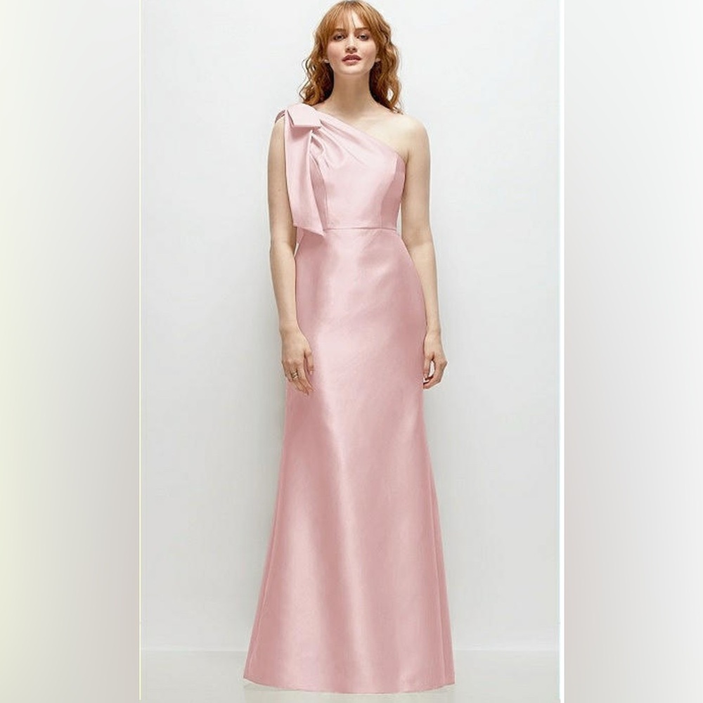 Dessy BOW ONE-SHOULDER SATIN TRUMPET GOWN ballet pink
